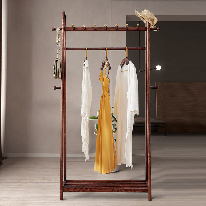 Traditional Wooden Coat Rack Stand - Solid Ash Wood Hall Tree With Storage Shelf & Brass Hooks
