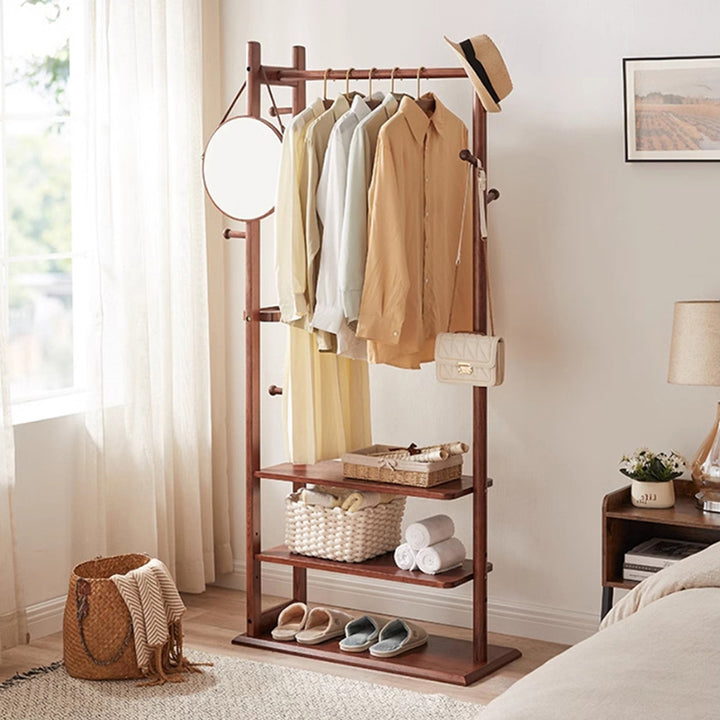 Scandinavian Inspired Wooden Coat Rack With Storage Shelves - Elegant Solid Wood & Plywood Entryway Organizer Bedroom Storage For Clothes Bags And Accessories