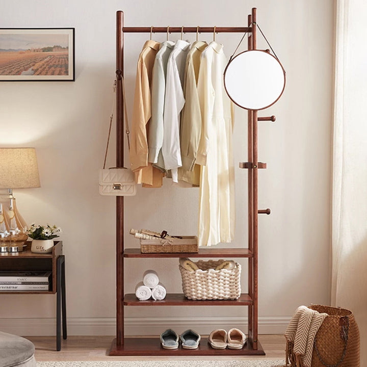 Scandinavian Inspired Wooden Coat Rack With Storage Shelves - Elegant Solid Wood & Plywood Entryway Organizer Bedroom Storage For Clothes Bags And Accessories