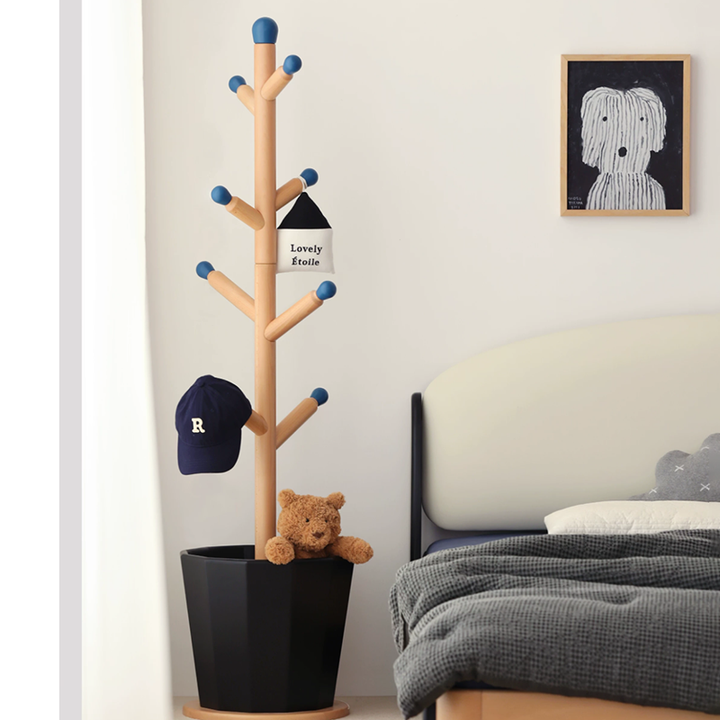Contemporary Creative Solid Beech Wood Kids Coat Rack - Adjustable Height Children’s Floor Standing Clothes &amp; Backpack Organizer Hall Tree For Bedroom