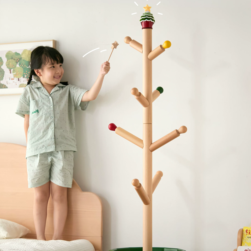 Contemporary Creative Solid Beech Wood Kids Coat Rack - Adjustable Height Children’s Floor Standing Clothes &amp; Backpack Organizer Hall Tree For Bedroom