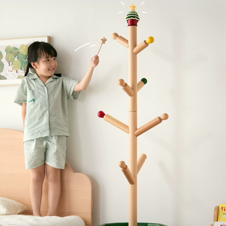 Contemporary Creative Solid Beech Wood Kids Coat Rack - Adjustable Height Children’s Floor Standing Clothes &amp; Backpack Organizer Hall Tree For Bedroom