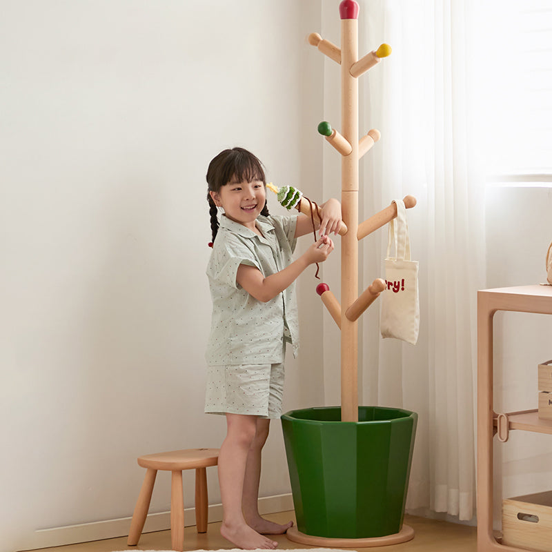 Contemporary Creative Solid Beech Wood Kids Coat Rack - Adjustable Height Children’s Floor Standing Clothes &amp; Backpack Organizer Hall Tree For Bedroom