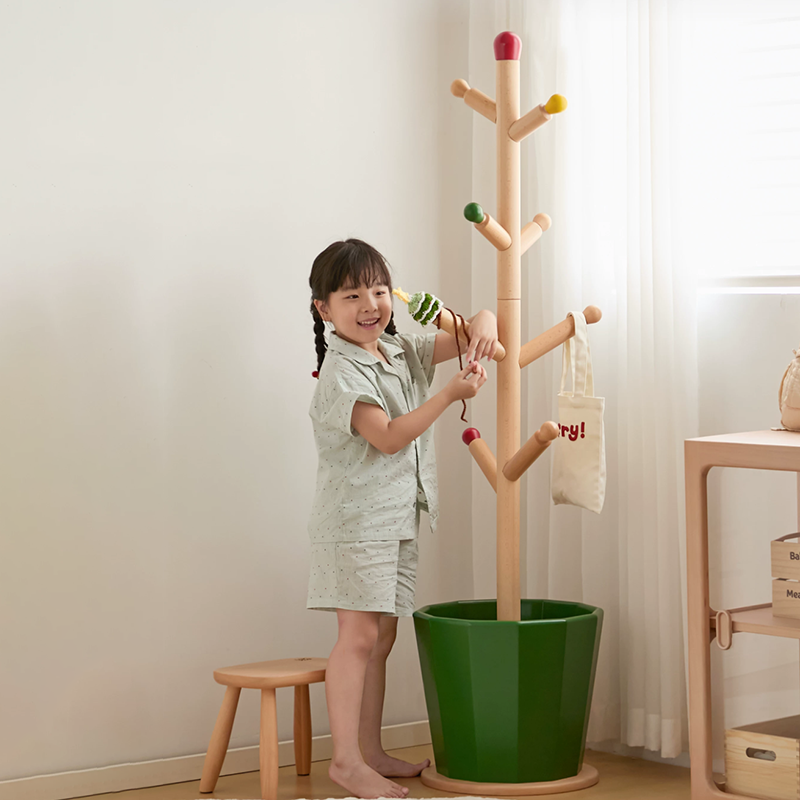 Contemporary Creative Solid Beech Wood Kids Coat Rack - Adjustable Height Children’s Floor Standing Clothes &amp; Backpack Organizer Hall Tree For Bedroom
