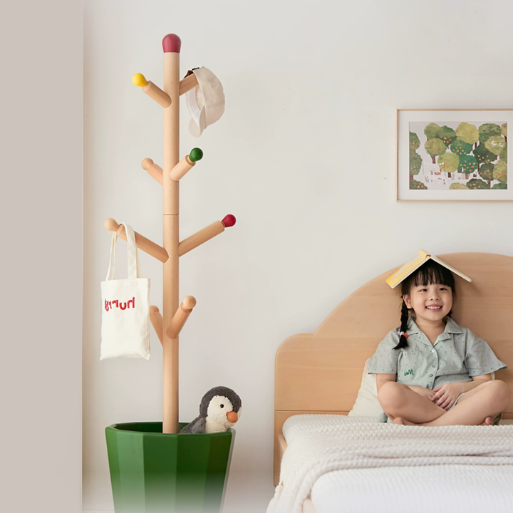 Contemporary Creative Solid Beech Wood Kids Coat Rack - Adjustable Height Children’s Floor Standing Clothes &amp; Backpack Organizer Hall Tree For Bedroom