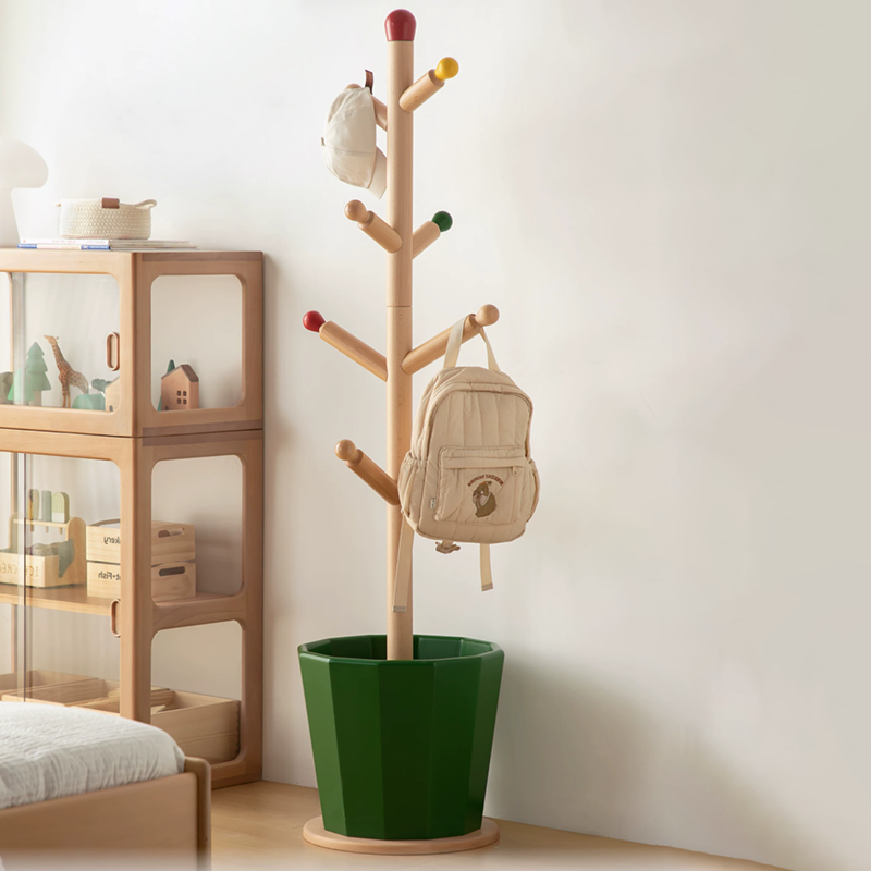Contemporary Creative Solid Beech Wood Kids Coat Rack - Adjustable Height Children’s Floor Standing Clothes &amp; Backpack Organizer Hall Tree For Bedroom