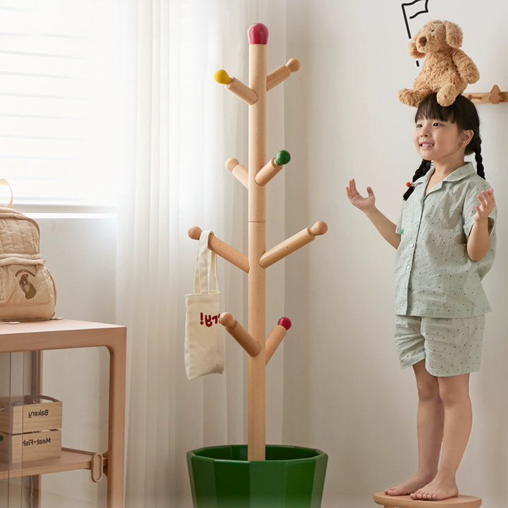 Contemporary Creative Solid Beech Wood Kids Coat Rack - Adjustable Height Children’s Floor Standing Clothes &amp; Backpack Organizer Hall Tree For Bedroom