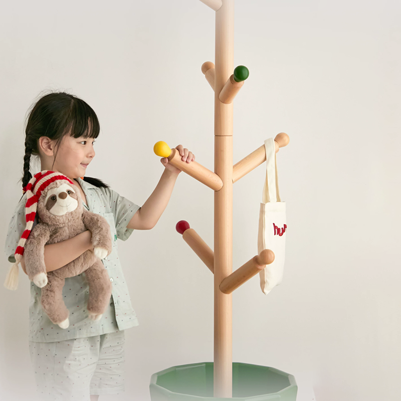 Contemporary Creative Solid Beech Wood Kids Coat Rack - Adjustable Height Children’s Floor Standing Clothes &amp; Backpack Organizer Hall Tree For Bedroom