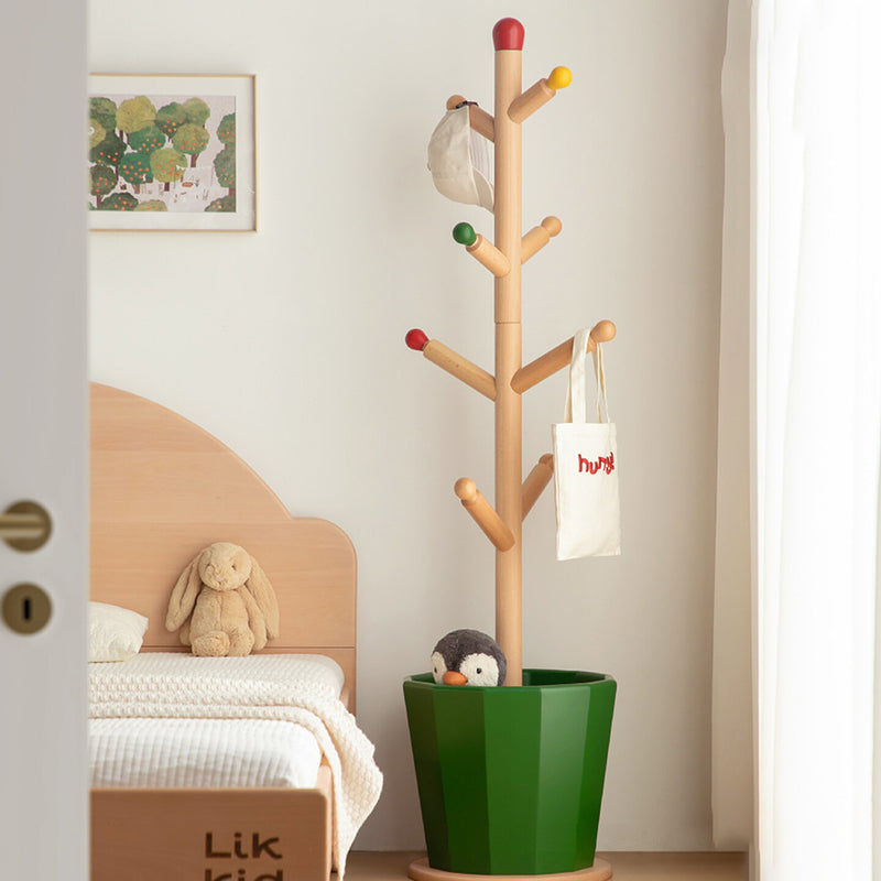 Contemporary Creative Solid Beech Wood Kids Coat Rack - Adjustable Height Children’s Floor Standing Clothes &amp; Backpack Organizer Hall Tree For Bedroom