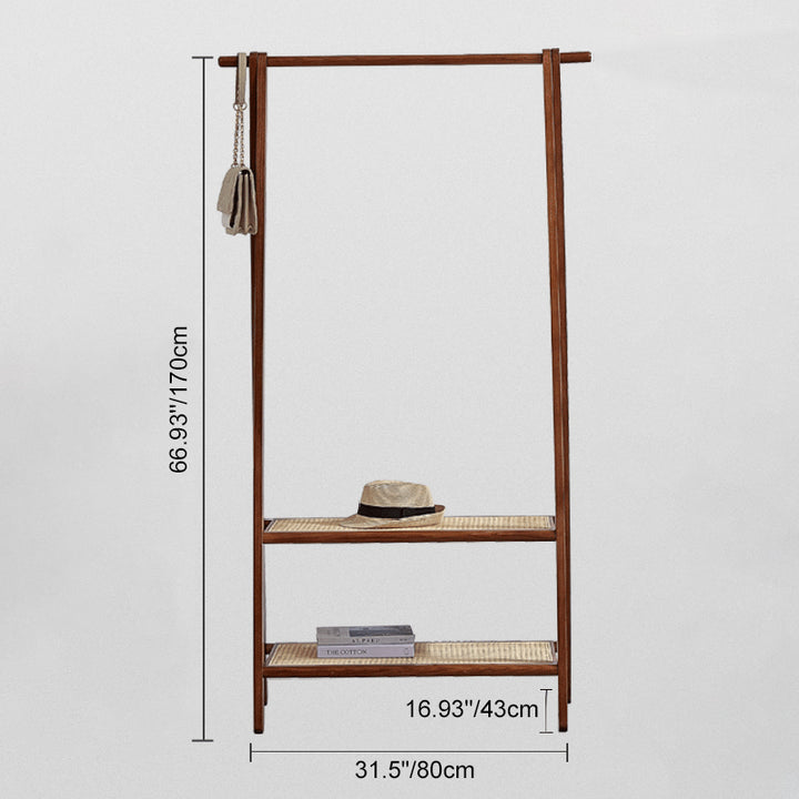 Contemporary Scandinavian Solid Wood Coat Rack - Freestanding Clothing Rack With 2 Rattan Weaving Storage Shelves
