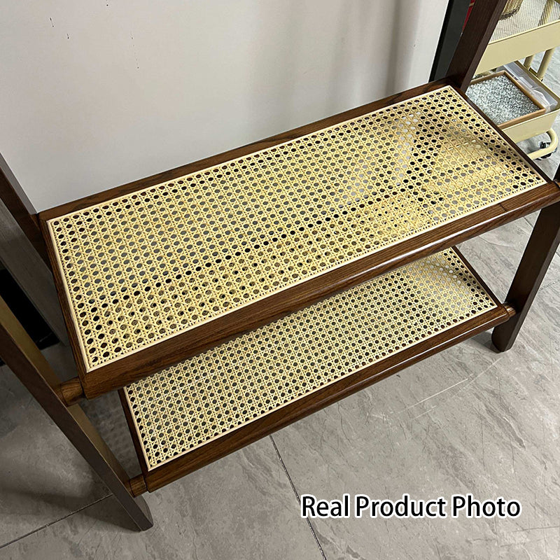 Contemporary Scandinavian Solid Wood Coat Rack - Freestanding Clothing Rack With 2 Rattan Weaving Storage Shelves