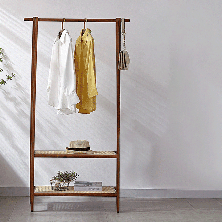Contemporary Scandinavian Solid Wood Coat Rack - Freestanding Clothing Rack With 2 Rattan Weaving Storage Shelves