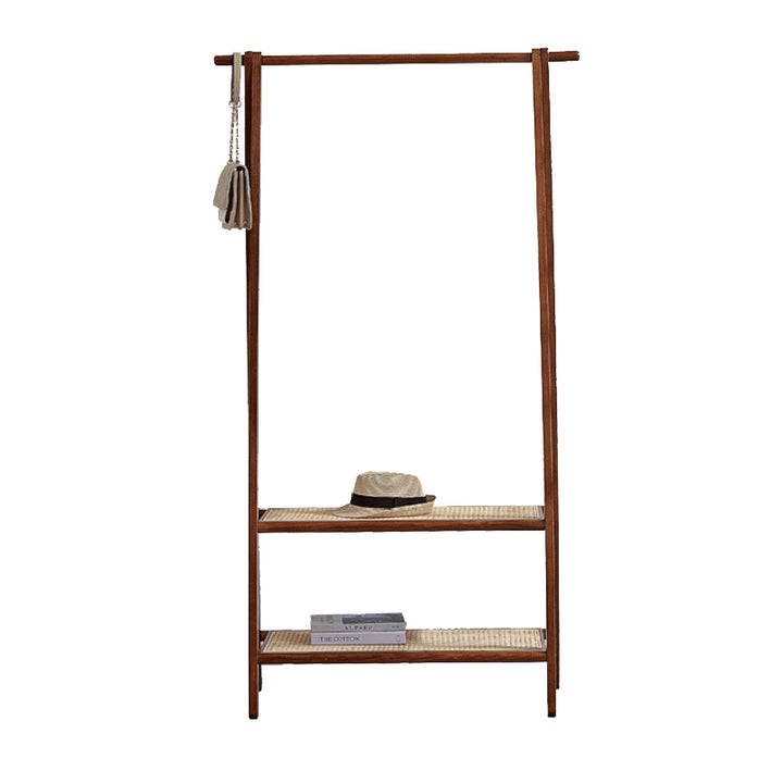 Contemporary Scandinavian Solid Wood Coat Rack - Freestanding Clothing Rack With 2 Rattan Weaving Storage Shelves