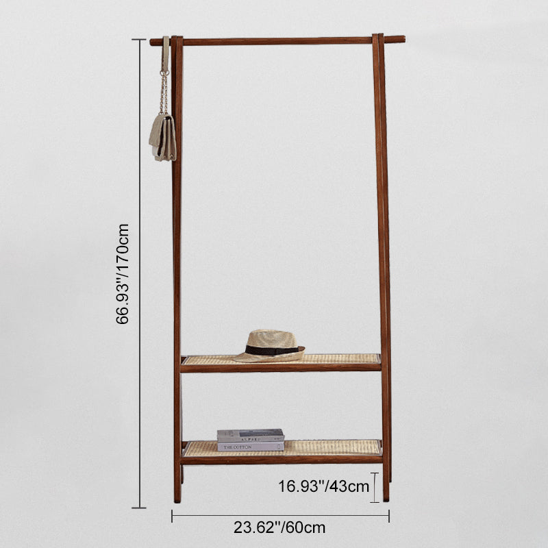 Contemporary Scandinavian Solid Wood Coat Rack - Freestanding Clothing Rack With 2 Rattan Weaving Storage Shelves