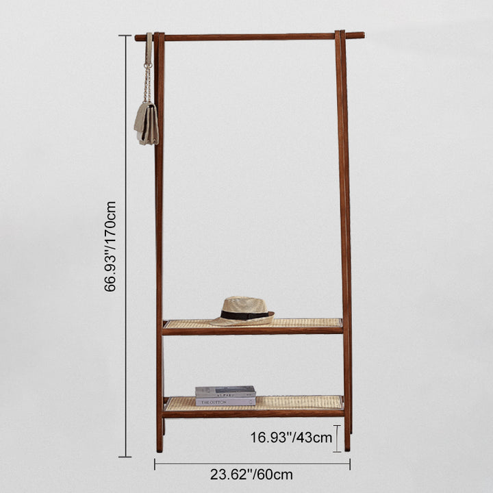 Contemporary Scandinavian Solid Wood Coat Rack - Freestanding Clothing Rack With 2 Rattan Weaving Storage Shelves
