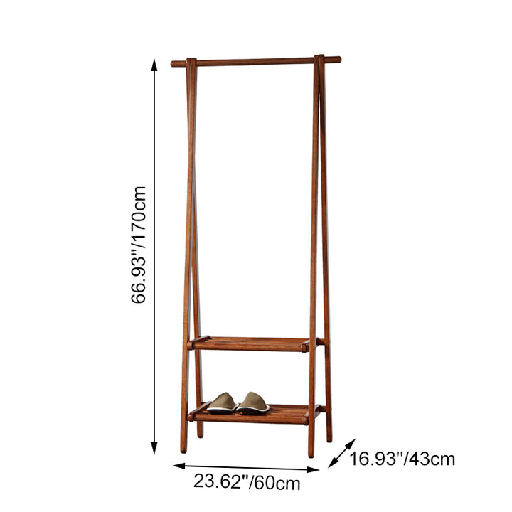 Modern Minimalist Foldable Solid Ash Wood Garment Rack With 2 Storage Shelves - Freestanding Clothes Rack