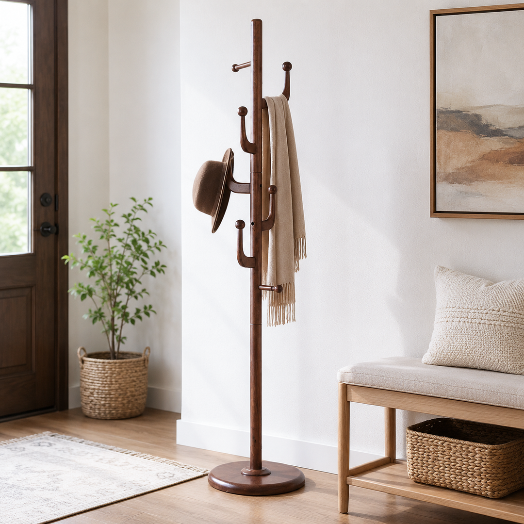 Kreativer Garderobenständer aus massivem Gummibaumholz – freistehende Garderobe im Kaktus-Design mit mehreren Haken 