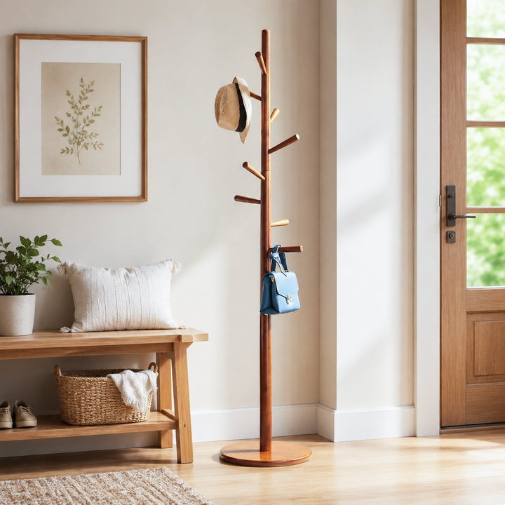 Minimalist Solid Wood Coat Rack - Rubberwood & Eucalyptus Wood Freestanding Clothes Stand With Multi Hooks