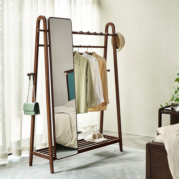 Modern Minimalist Solid Ash Wood Hall Tree With Full-Length Mirror - Freestanding Coat Rack With Hanging Rod &amp; Storage Shelf