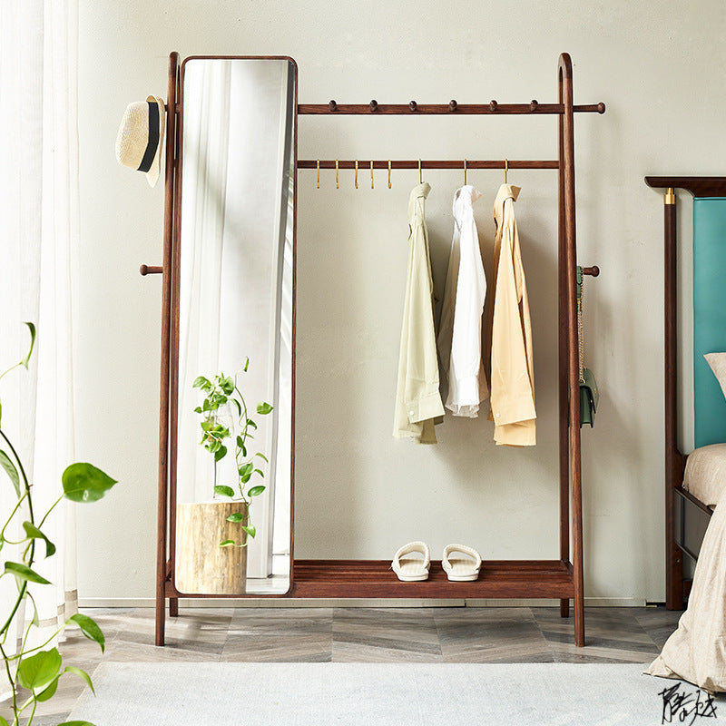 Modern Minimalist Solid Ash Wood Hall Tree With Full-Length Mirror - Freestanding Coat Rack With Hanging Rod &amp; Storage Shelf