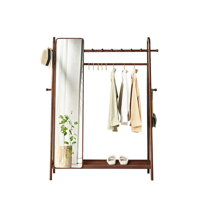 Modern Minimalist Solid Ash Wood Hall Tree With Full-Length Mirror - Freestanding Coat Rack With Hanging Rod &amp; Storage Shelf