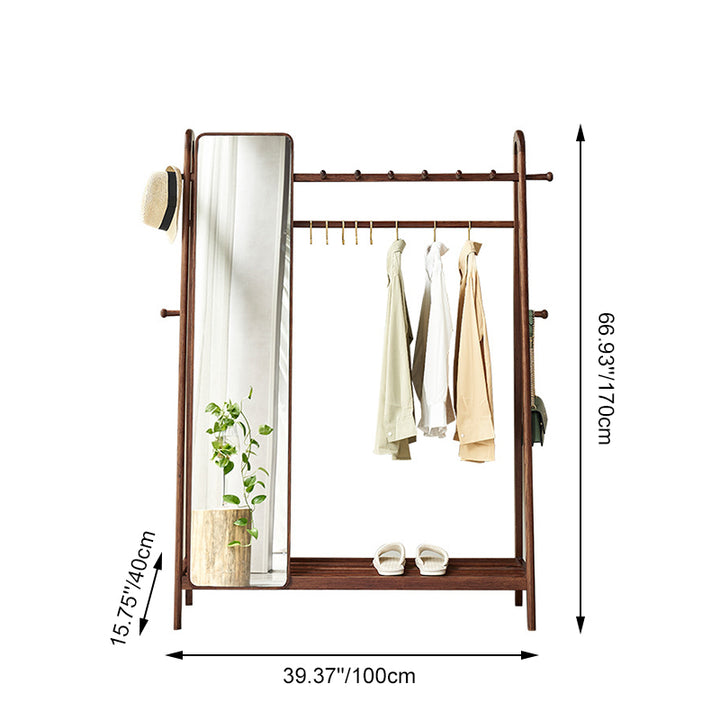 Modern Minimalist Solid Ash Wood Hall Tree With Full-Length Mirror - Freestanding Coat Rack With Hanging Rod & Storage Shelf