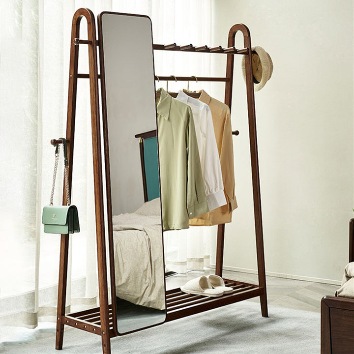 Modern Minimalist Solid Ash Wood Hall Tree With Full-Length Mirror - Freestanding Coat Rack With Hanging Rod & Storage Shelf