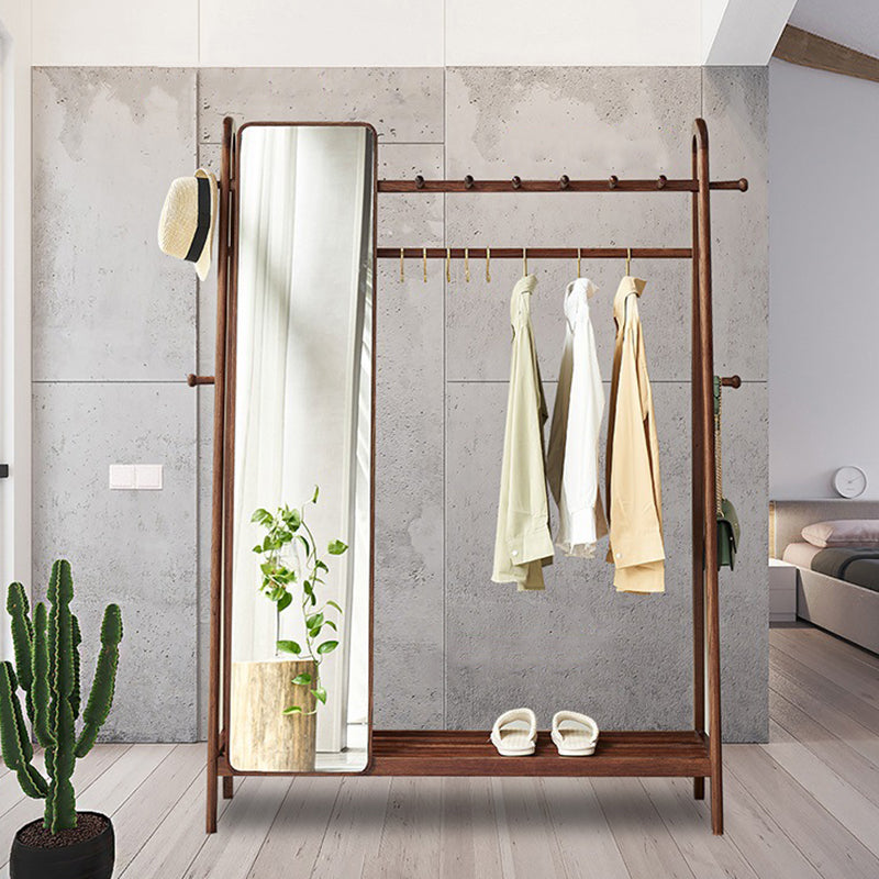 Modern Minimalist Solid Ash Wood Hall Tree With Full-Length Mirror - Freestanding Coat Rack With Hanging Rod &amp; Storage Shelf