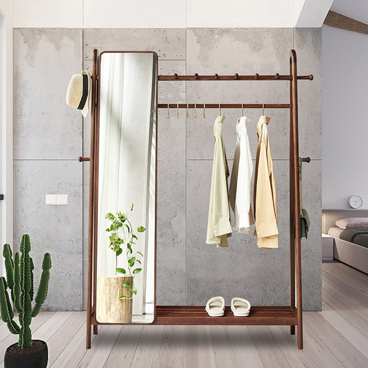 Modern Minimalist Solid Ash Wood Hall Tree With Full-Length Mirror - Freestanding Coat Rack With Hanging Rod & Storage Shelf