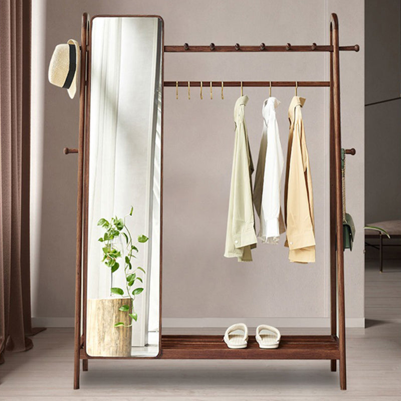 Modern Minimalist Solid Ash Wood Hall Tree With Full-Length Mirror - Freestanding Coat Rack With Hanging Rod &amp; Storage Shelf