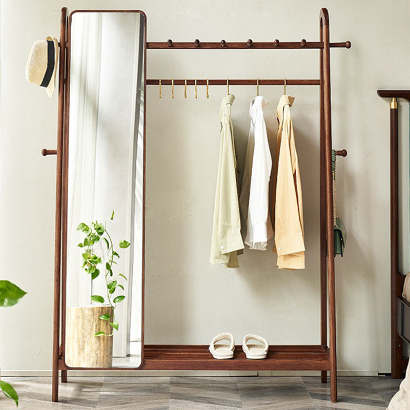 Modern Minimalist Solid Ash Wood Hall Tree With Full-Length Mirror - Freestanding Coat Rack With Hanging Rod &amp; Storage Shelf