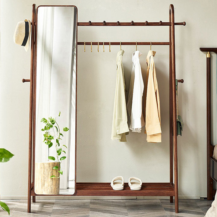 Modern Minimalist Solid Ash Wood Hall Tree With Full-Length Mirror - Freestanding Coat Rack With Hanging Rod &amp; Storage Shelf