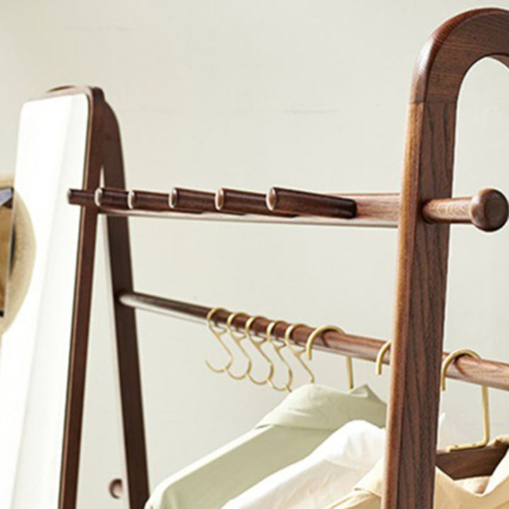Modern Minimalist Solid Ash Wood Hall Tree With Full-Length Mirror - Freestanding Coat Rack With Hanging Rod &amp; Storage Shelf