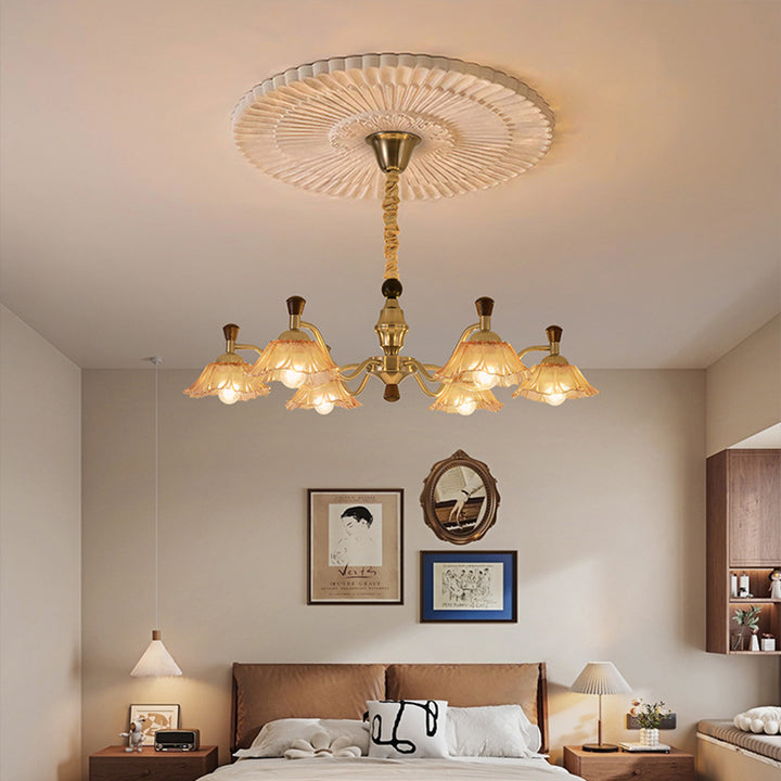 Lámpara de araña tradicional francesa de hierro y madera con múltiples flores y vidrio de 6/8 luces para sala de estar 