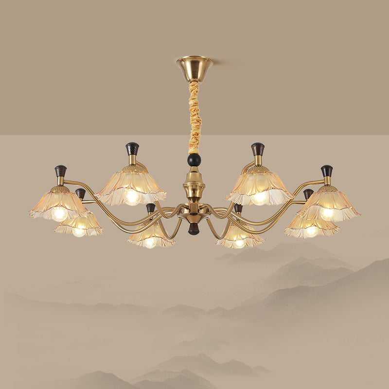 Traditional French Multi-Flower Iron Wood Glass 6/8-Light Chandelier For Living Room