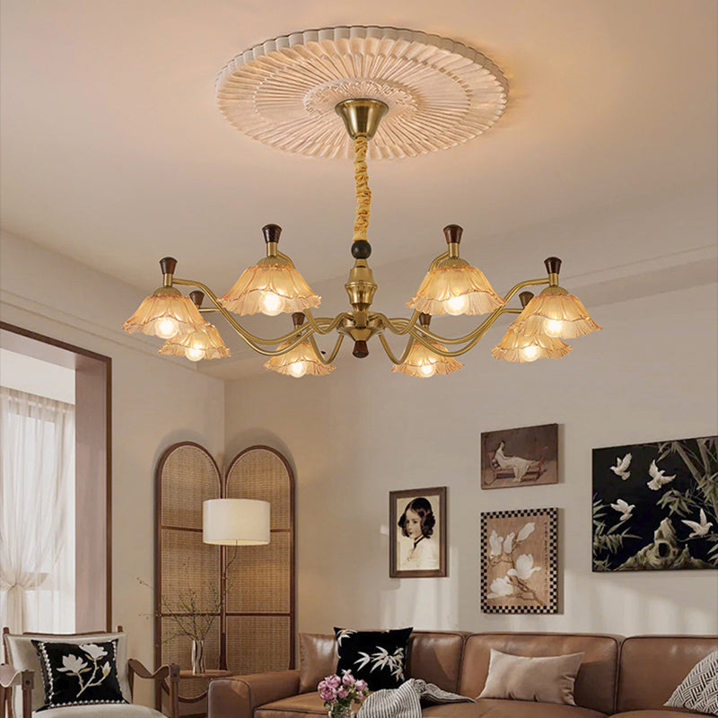 Lámpara de araña tradicional francesa de hierro y madera con múltiples flores y vidrio de 6/8 luces para sala de estar 