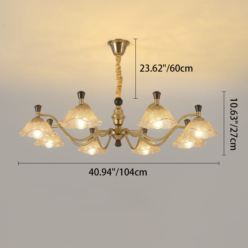 Lámpara de araña tradicional francesa de hierro y madera con múltiples flores y vidrio de 6/8 luces para sala de estar 