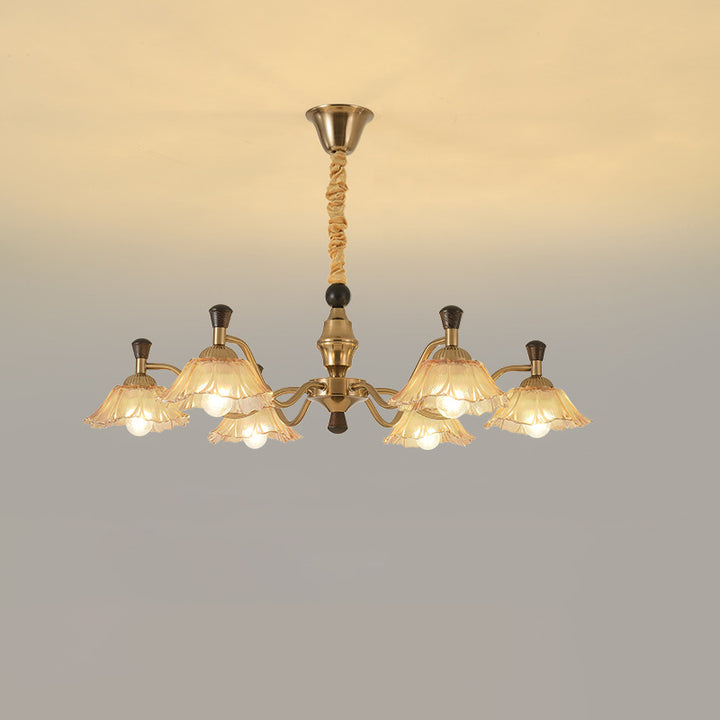 Lámpara de araña tradicional francesa de hierro y madera con múltiples flores y vidrio de 6/8 luces para sala de estar 