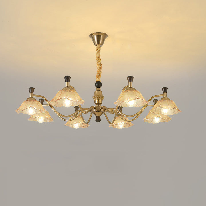 Lámpara de araña tradicional francesa de hierro y madera con múltiples flores y vidrio de 6/8 luces para sala de estar 