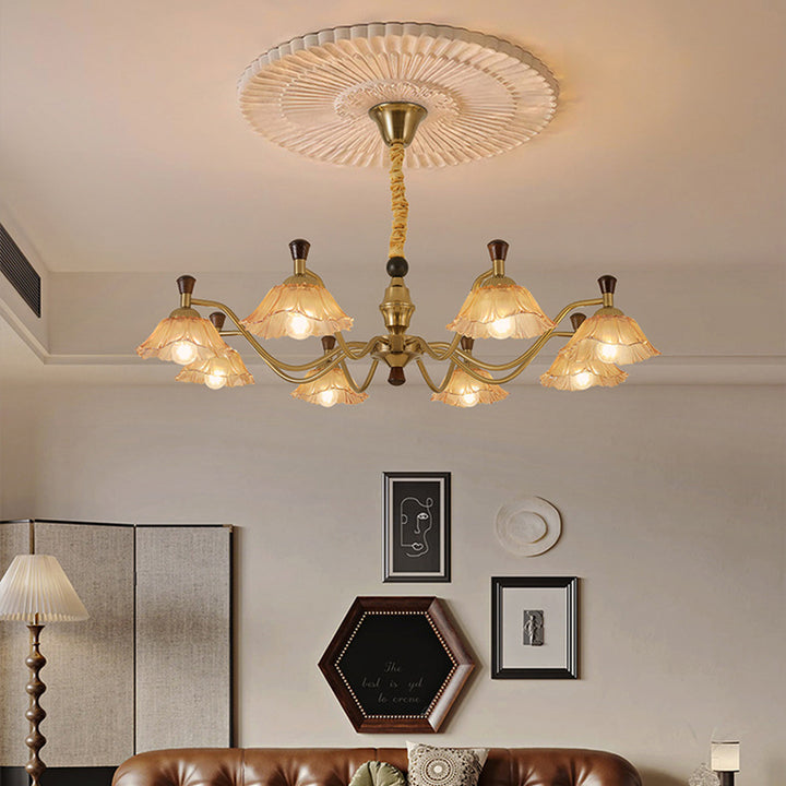 Traditional French Multi-Flower Iron Wood Glass 6/8-Light Chandelier For Living Room
