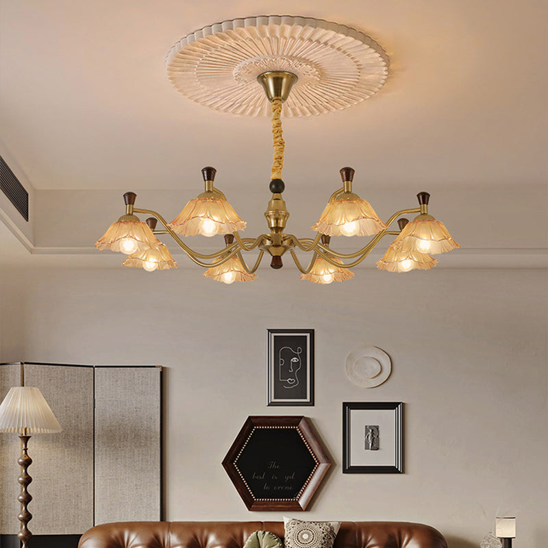Traditional French Multi-Flower Iron Wood Glass 6/8-Light Chandelier For Living Room