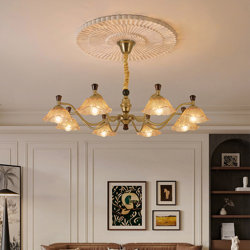 Traditional French Multi-Flower Iron Wood Glass 6/8-Light Chandelier For Living Room