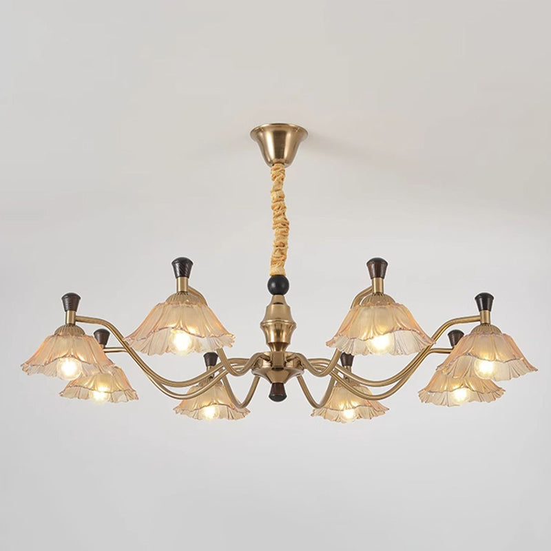 Traditional French Multi-Flower Iron Wood Glass 6/8-Light Chandelier For Living Room