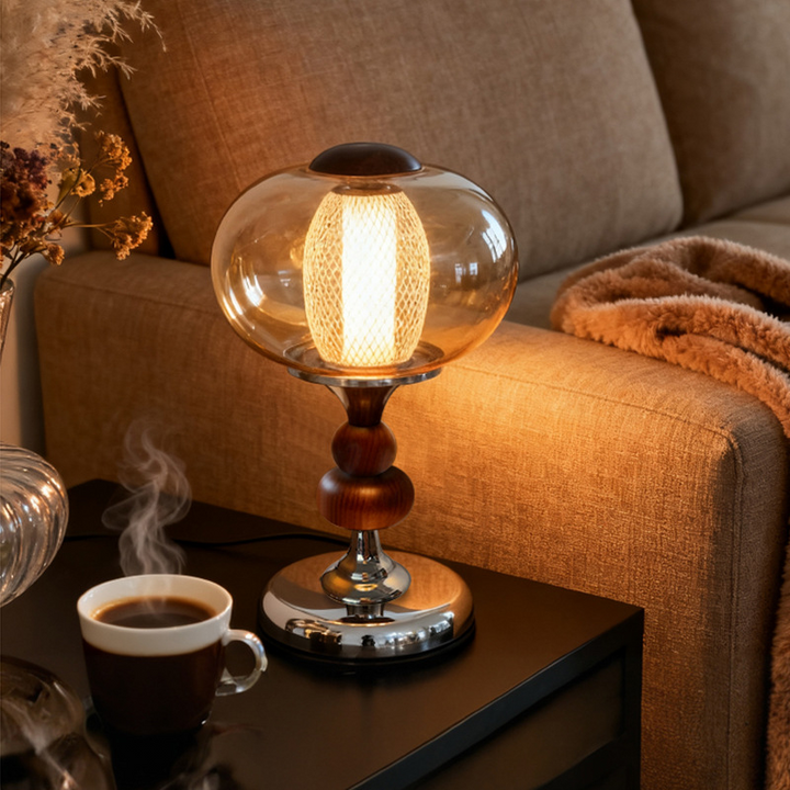 مصباح طاولة LED دائري عصري بطابع رجعي مصنوع من الخشب الصلب والزجاج والحديد لغرفة المعيشة وغرفة النوم 