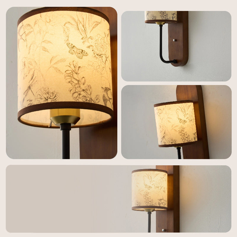Lámpara de pared tipo aplique de 1 luz con pantalla cilíndrica de tela, metal y caucho de madera, estilo retro contemporáneo, para dormitorio 