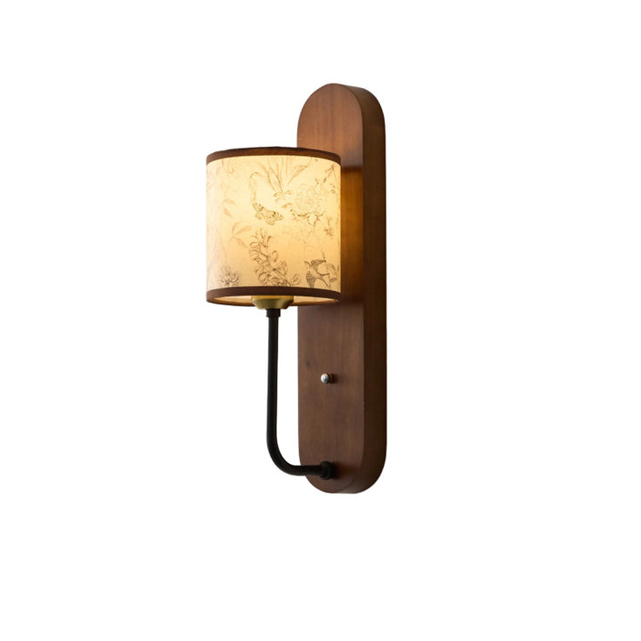 Lámpara de pared tipo aplique de 1 luz con pantalla cilíndrica de tela, metal y caucho de madera, estilo retro contemporáneo, para dormitorio 