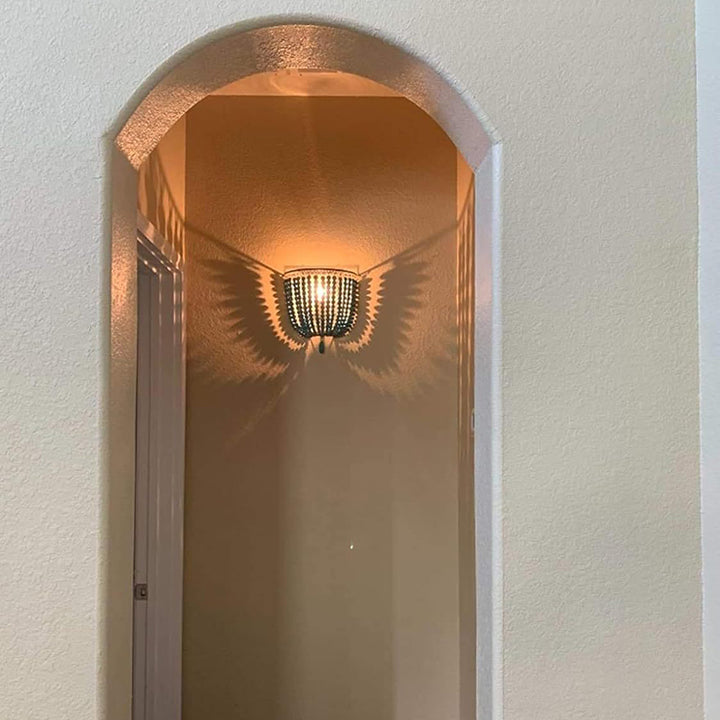 Aplique de pared contemporáneo boho de madera maciza, hierro y cuentas para dormitorio y sala de estar 