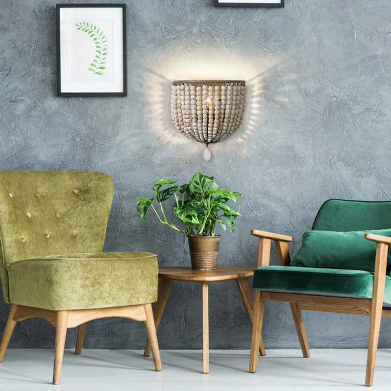 Aplique de pared contemporáneo boho de madera maciza, hierro y cuentas para dormitorio y sala de estar 