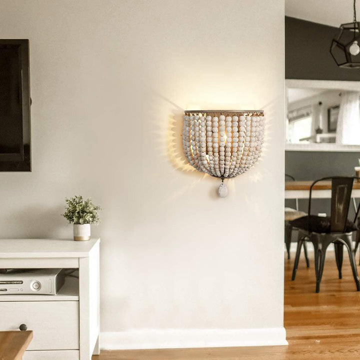 Aplique de pared contemporáneo boho de madera maciza, hierro y cuentas para dormitorio y sala de estar 