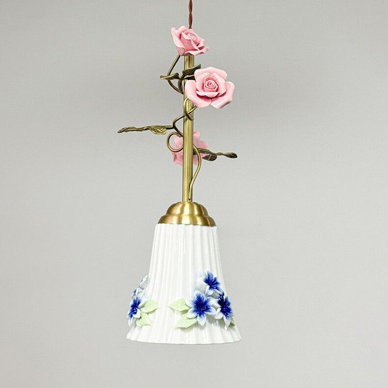 Traditional French Romantic Iron &amp; Ceramic Floral 1-Light Pendant Light For Bedroom &amp; Living Room